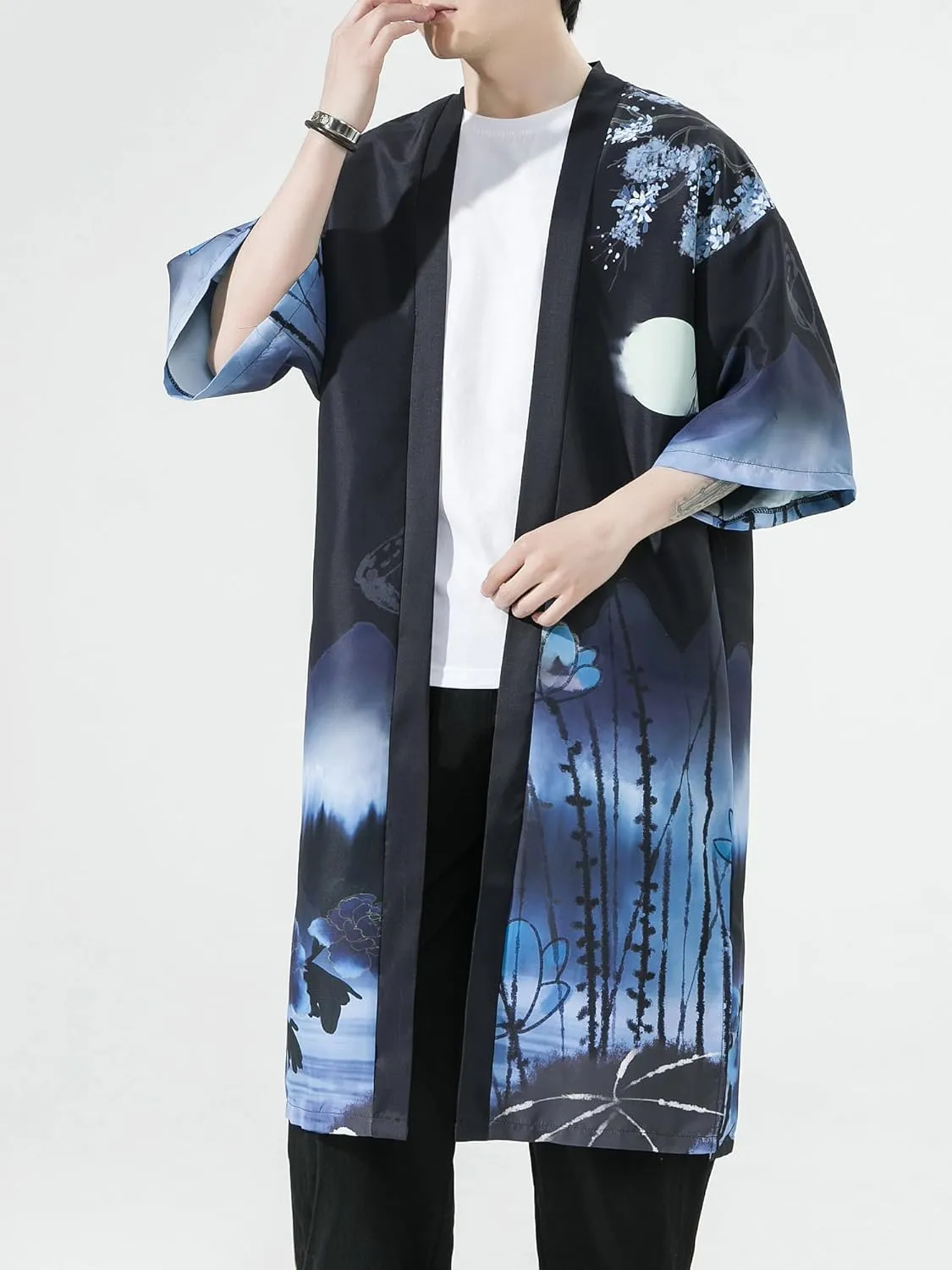 Men Japanese Kimono Coat Loose Yukata Outwear Long Bathrobe Tops Vintage