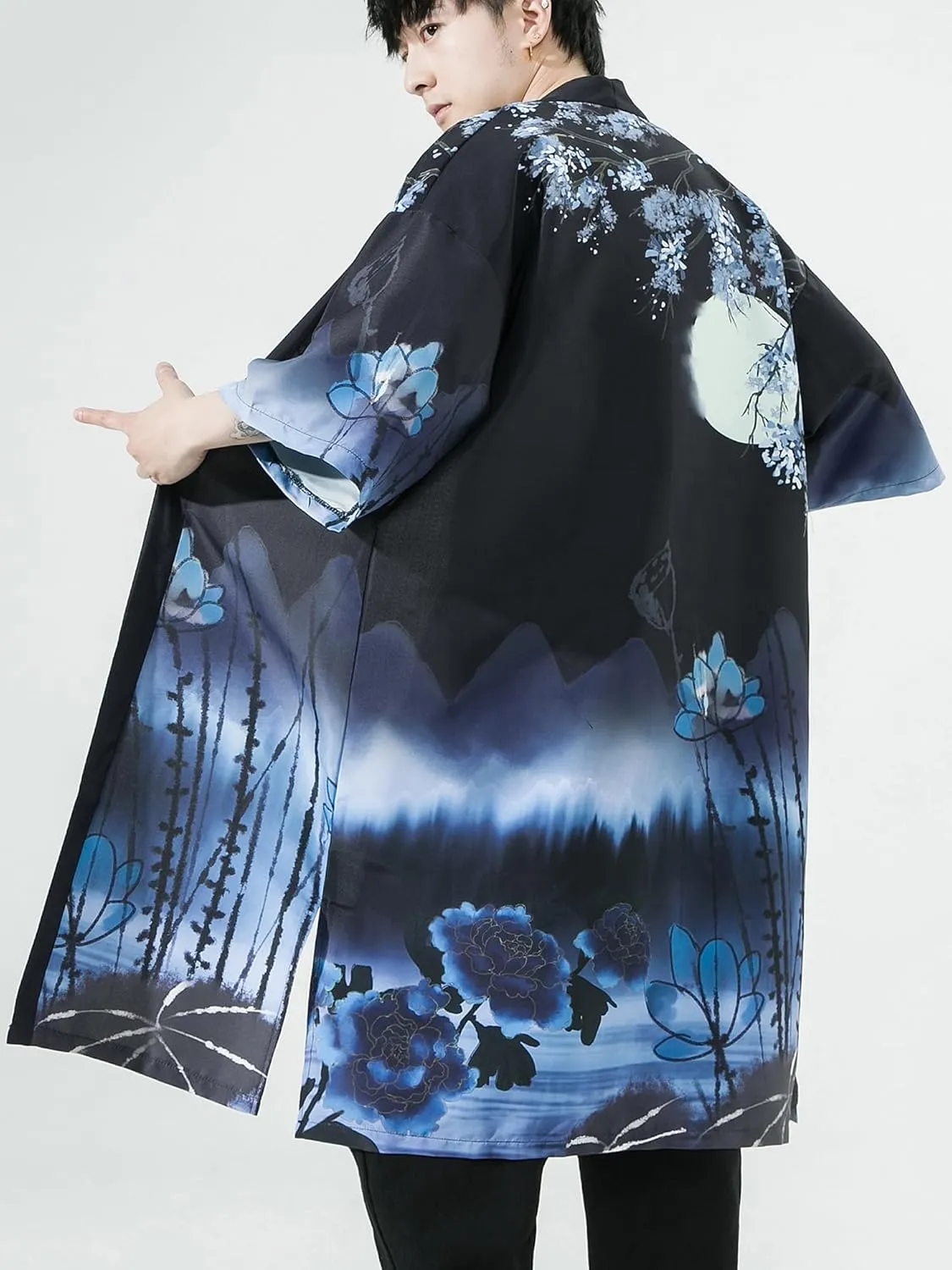 Men Japanese Kimono Coat Loose Yukata Outwear Long Bathrobe Tops Vintage