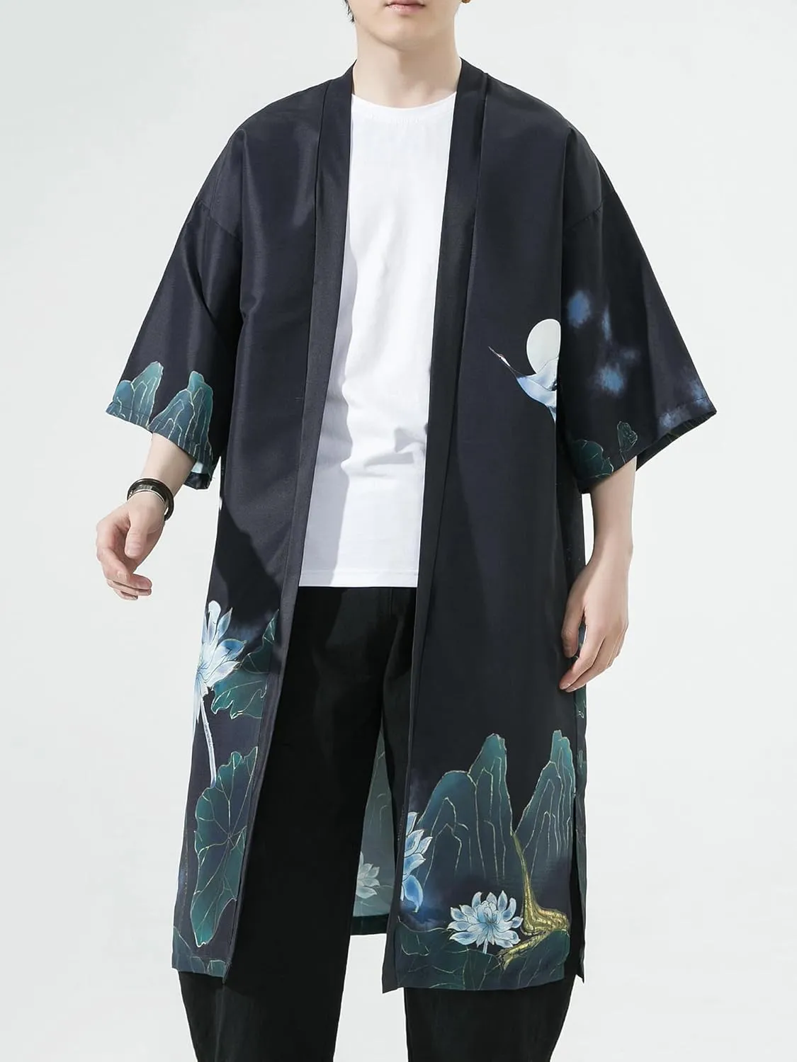 Men Japanese Kimono Coat Loose Yukata Outwear Long Bathrobe Tops Vintage
