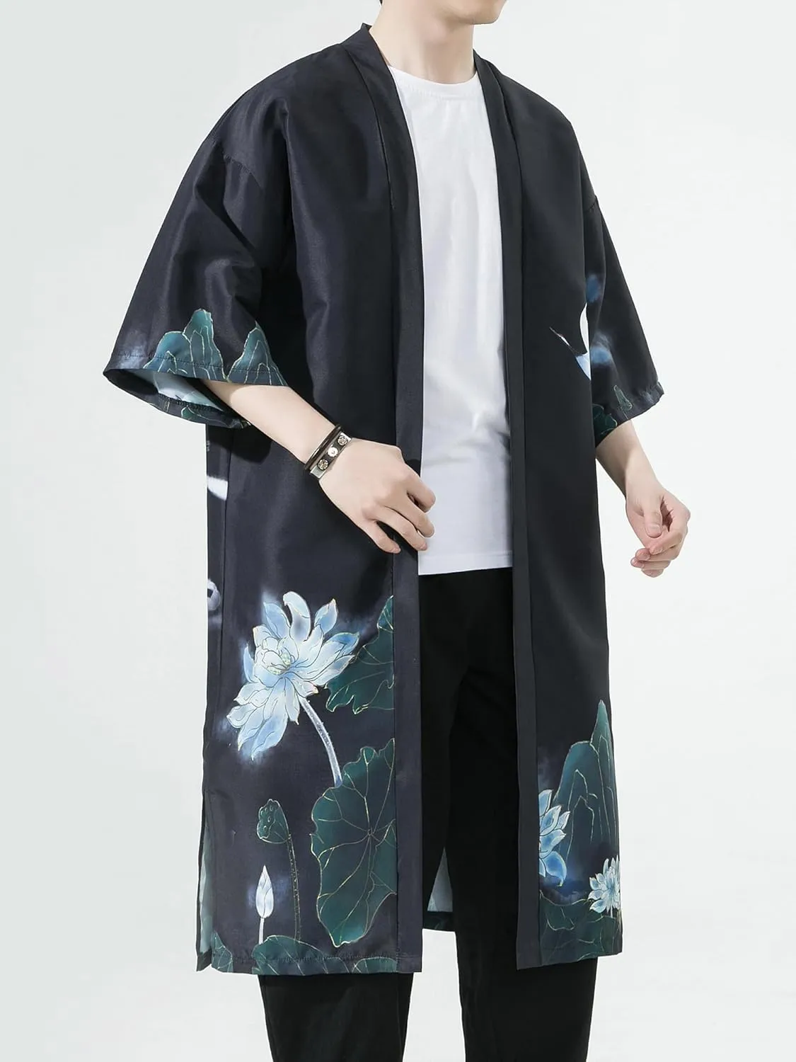 Men Japanese Kimono Coat Loose Yukata Outwear Long Bathrobe Tops Vintage