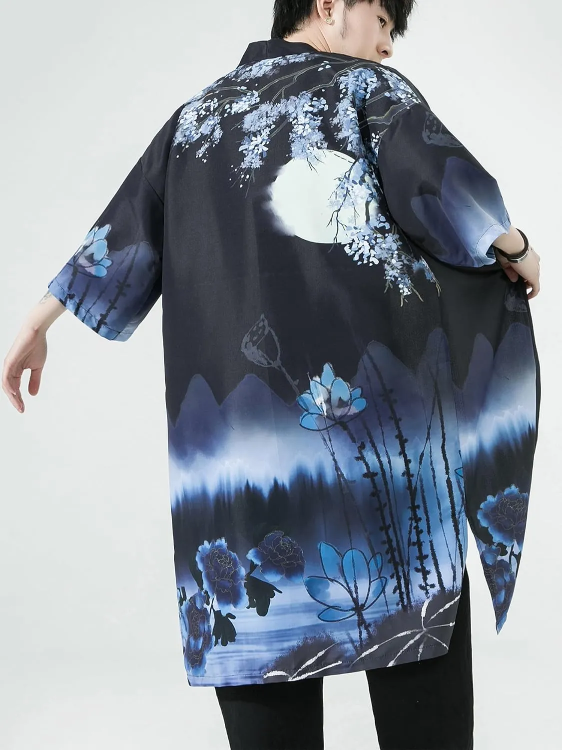 Men Japanese Kimono Coat Loose Yukata Outwear Long Bathrobe Tops Vintage