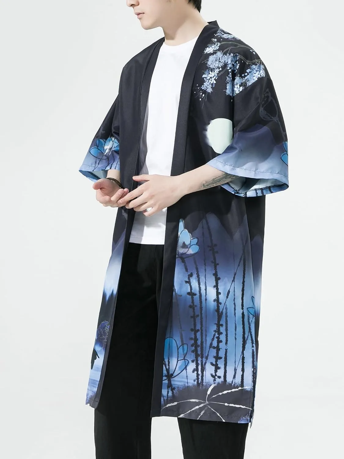 Men Japanese Kimono Coat Loose Yukata Outwear Long Bathrobe Tops Vintage
