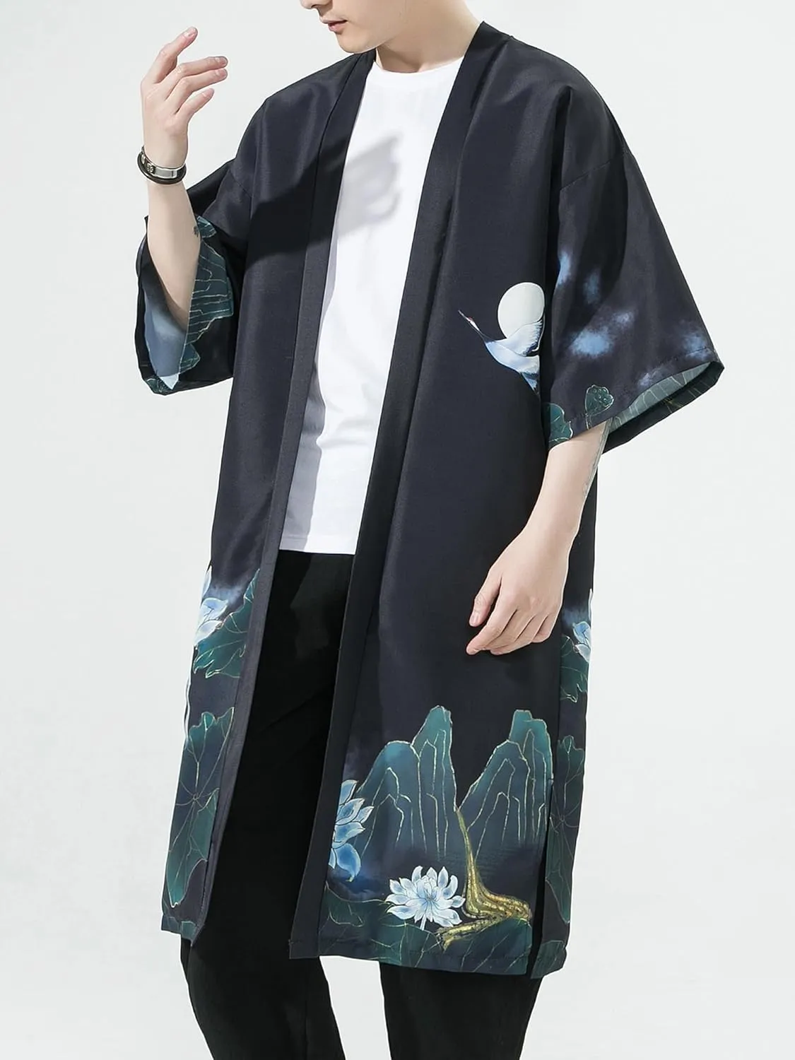 Men Japanese Kimono Coat Loose Yukata Outwear Long Bathrobe Tops Vintage