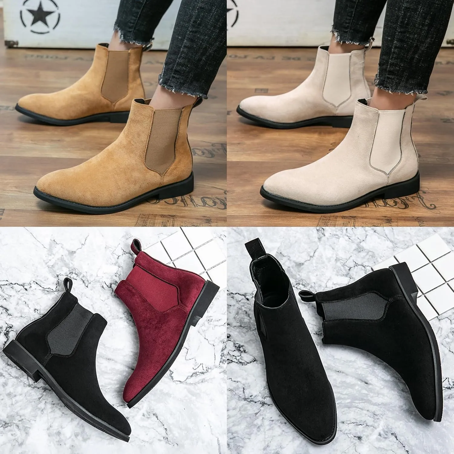 Men's Chelsea Boots Suede High-Top Classic Elastic Pull-on Business Casual Dress Oxford Chukka Ankle Short Booties
