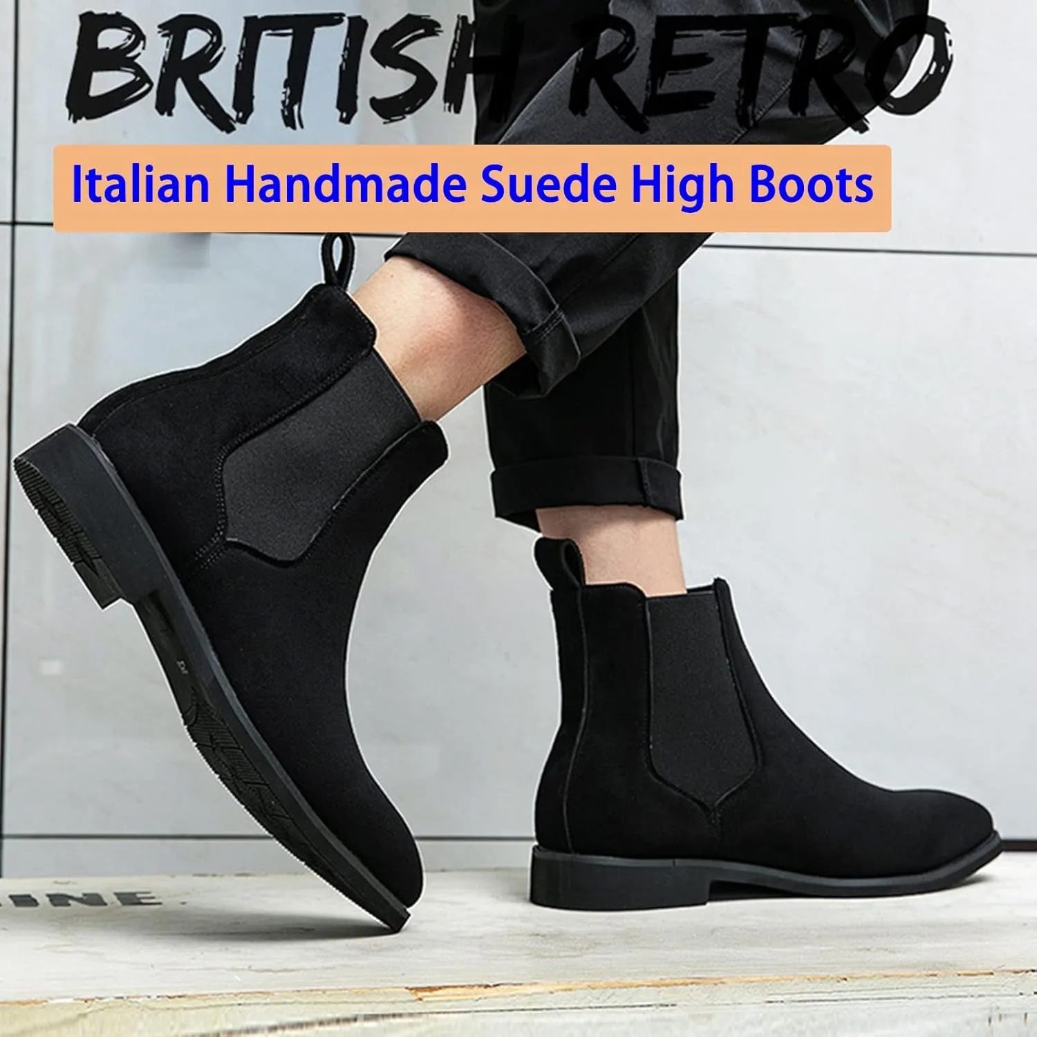 Men's Chelsea Boots Suede High-Top Classic Elastic Pull-on Business Casual Dress Oxford Chukka Ankle Short Booties