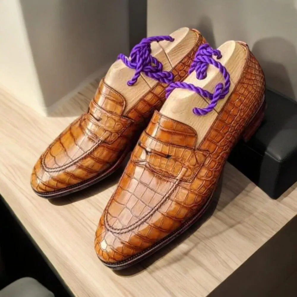 Men's Crocodile Leather Shoes, Handmade Loafer Shoes,