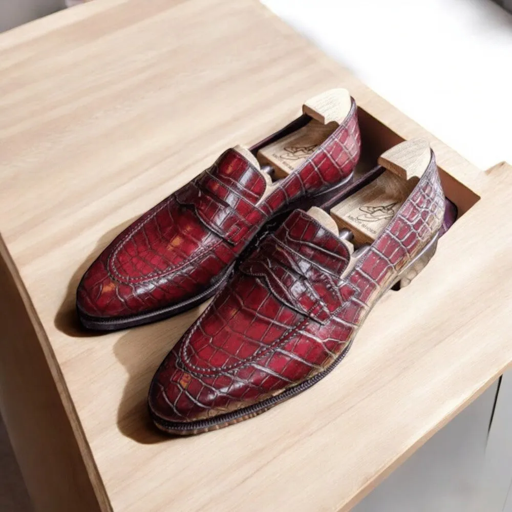 Men's Crocodile Leather Shoes, Handmade Loafer Shoes,