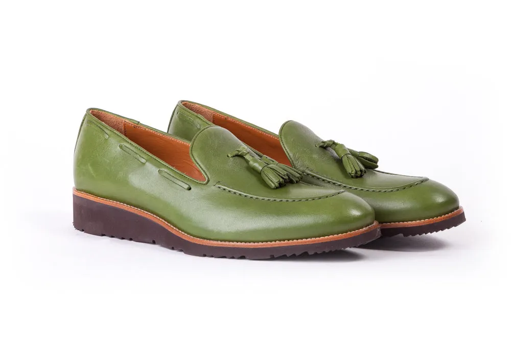 Men's Green & Tan Accented Tassel Loafer with Brown Wedge Sole (EX-175)