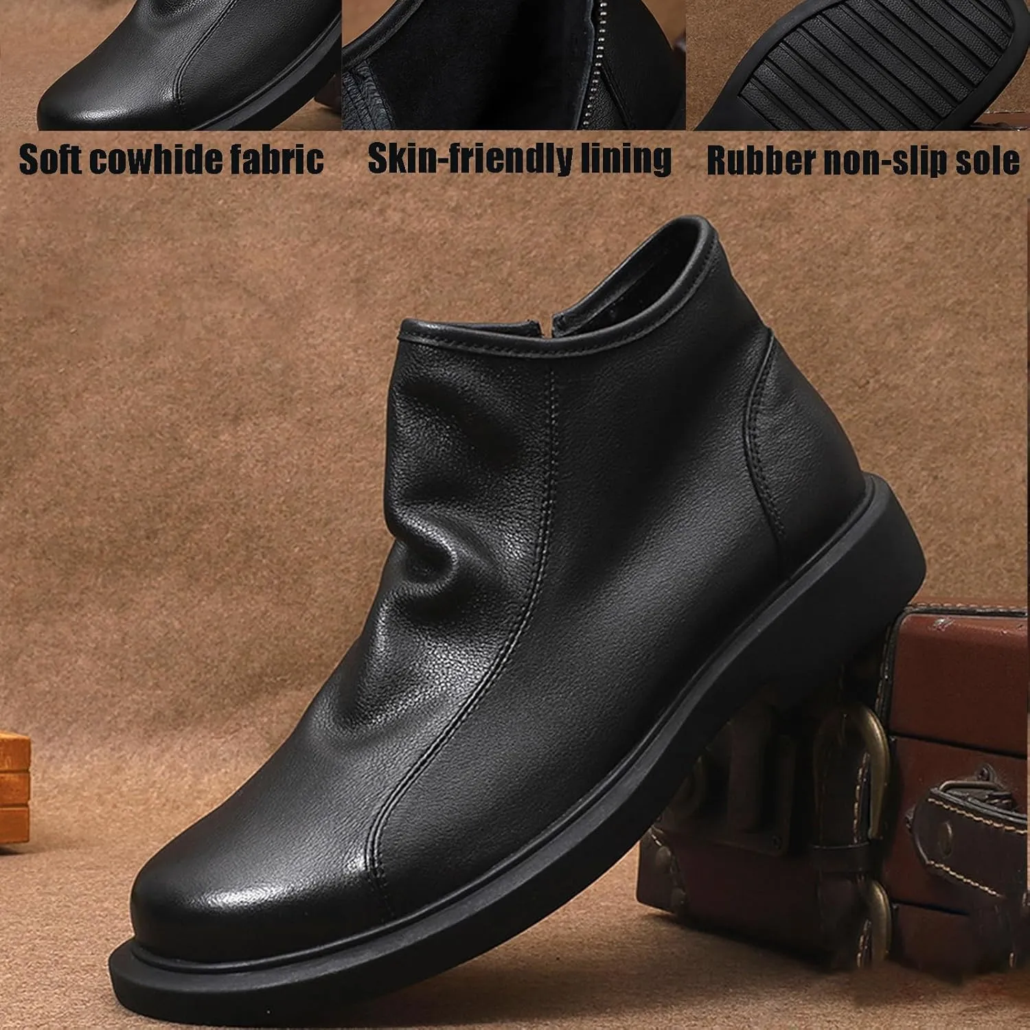 Men's Soft Cowhide High-top Chelsea Ankle Boots Classic Round Toe Side Zipper Soft Sole Low Block Heel Business Dress Chukka Boots