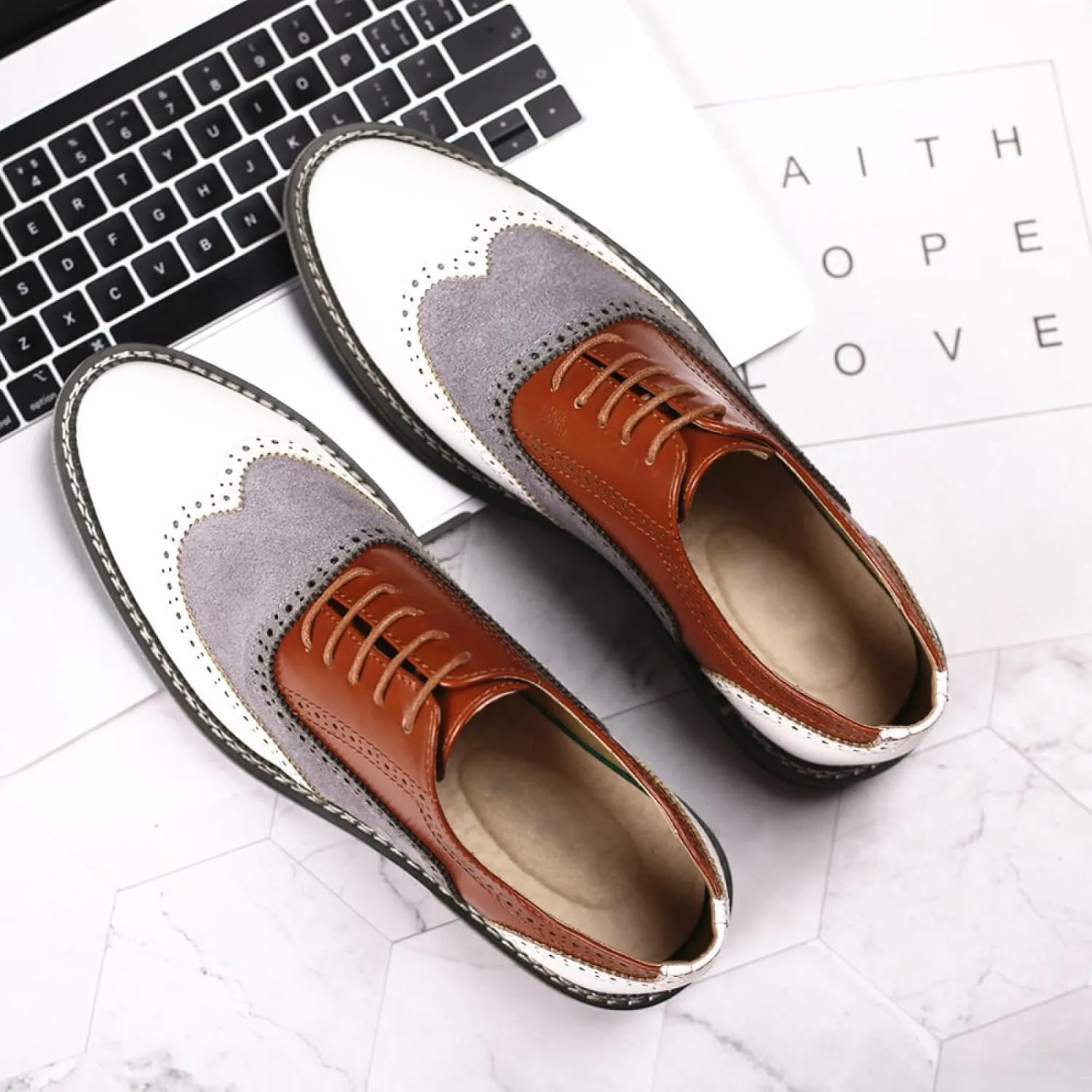 Men's Two-Tone Brogue Oxfords, Stylish Classic Round Toe, Lace-up Low-top Leather Dress Shoes, Hand-Stitched Business Formal Derby Shoes Oxfords Shoes for Men