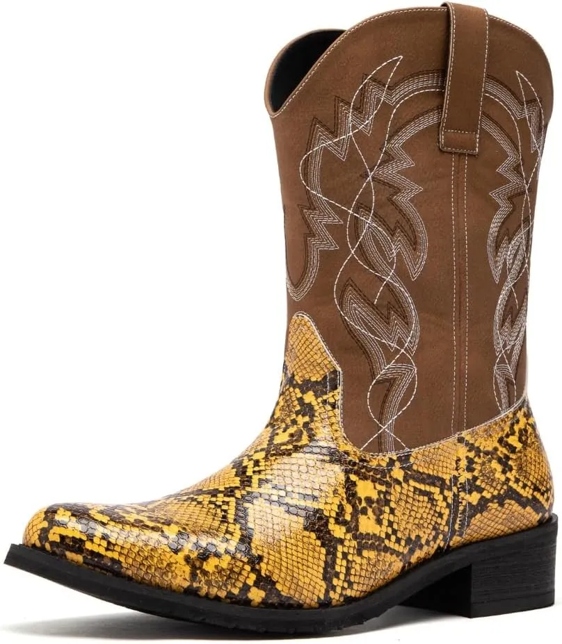 Men's Western Snake Print Boots, Embroidered Mid-Calf Shaft, Round Toe, Synthetic Upper