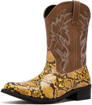 Men's Western Snake Print Boots, Embroidered Mid-Calf Shaft, Round Toe, Synthetic Upper