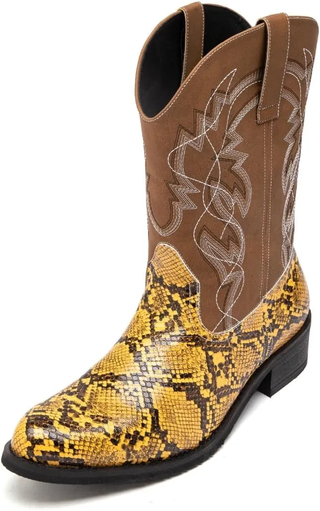 Men's Western Snake Print Boots, Embroidered Mid-Calf Shaft, Round Toe, Synthetic Upper