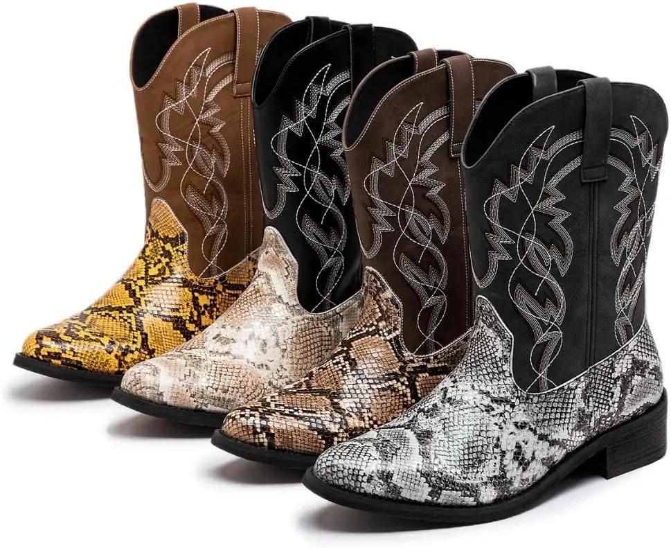 Men's Western Snake Print Boots, Embroidered Mid-Calf Shaft, Round Toe, Synthetic Upper