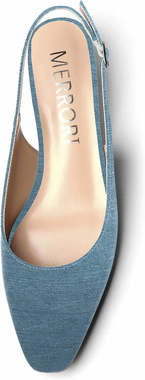 MERRORI Women's Patent Buckle Block Solid Slingback Square Toe Chunky Low Heel Pumps Shoes 1.5 Inch
