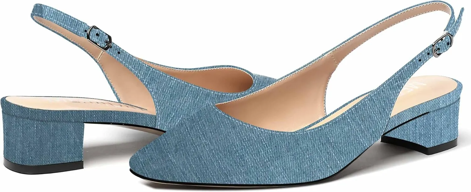MERRORI Women's Patent Buckle Block Solid Slingback Square Toe Chunky Low Heel Pumps Shoes 1.5 Inch