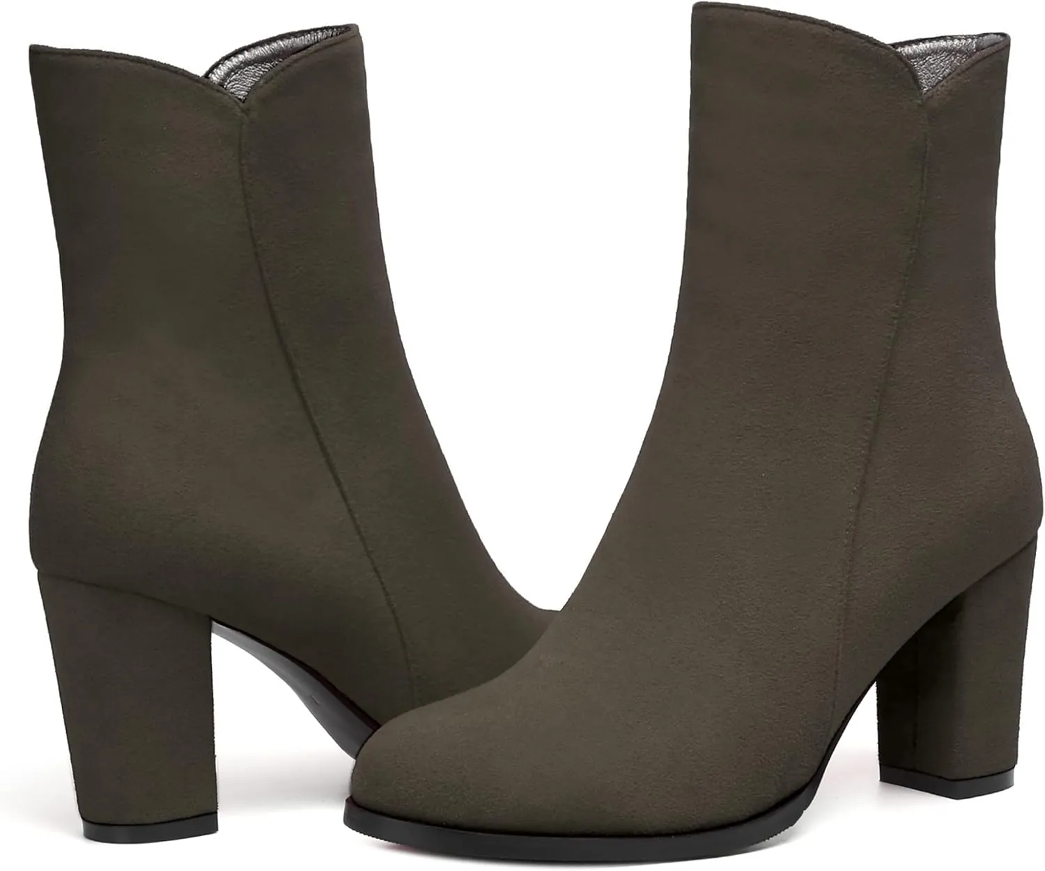 MERRORI Womens Round Toe Office Suede Zip Booties Work Casual Chunky High Heel Zip High Boots 3.3 Inch
