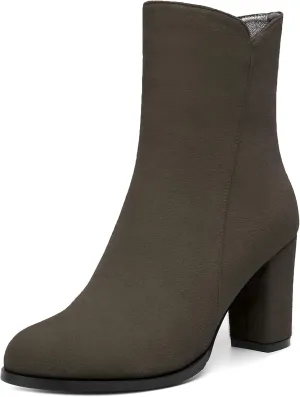 MERRORI Womens Round Toe Office Suede Zip Booties Work Casual Chunky High Heel Zip High Boots 3.3 Inch