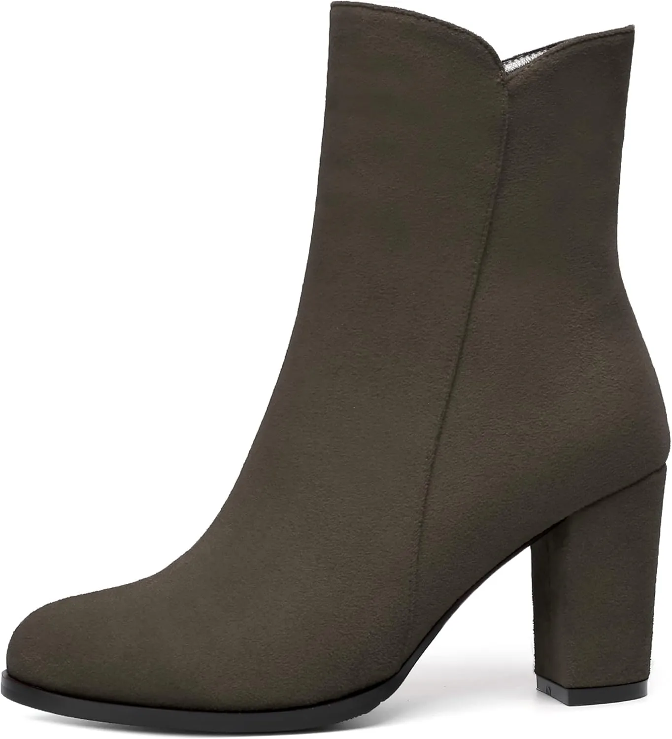 MERRORI Womens Round Toe Office Suede Zip Booties Work Casual Chunky High Heel Zip High Boots 3.3 Inch