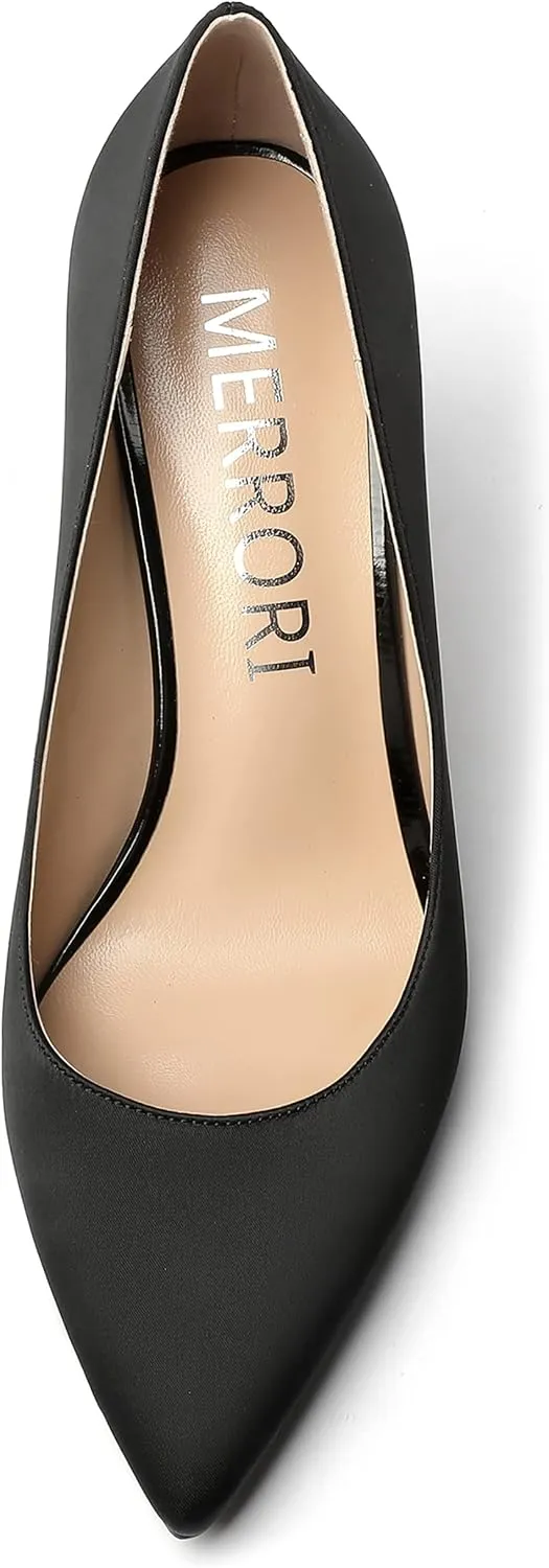 MERRORI Women's Solid Pointed Toe Slip On Satin Dress Evening Stiletto High Heel Pumps Shoes 3.3 Inch