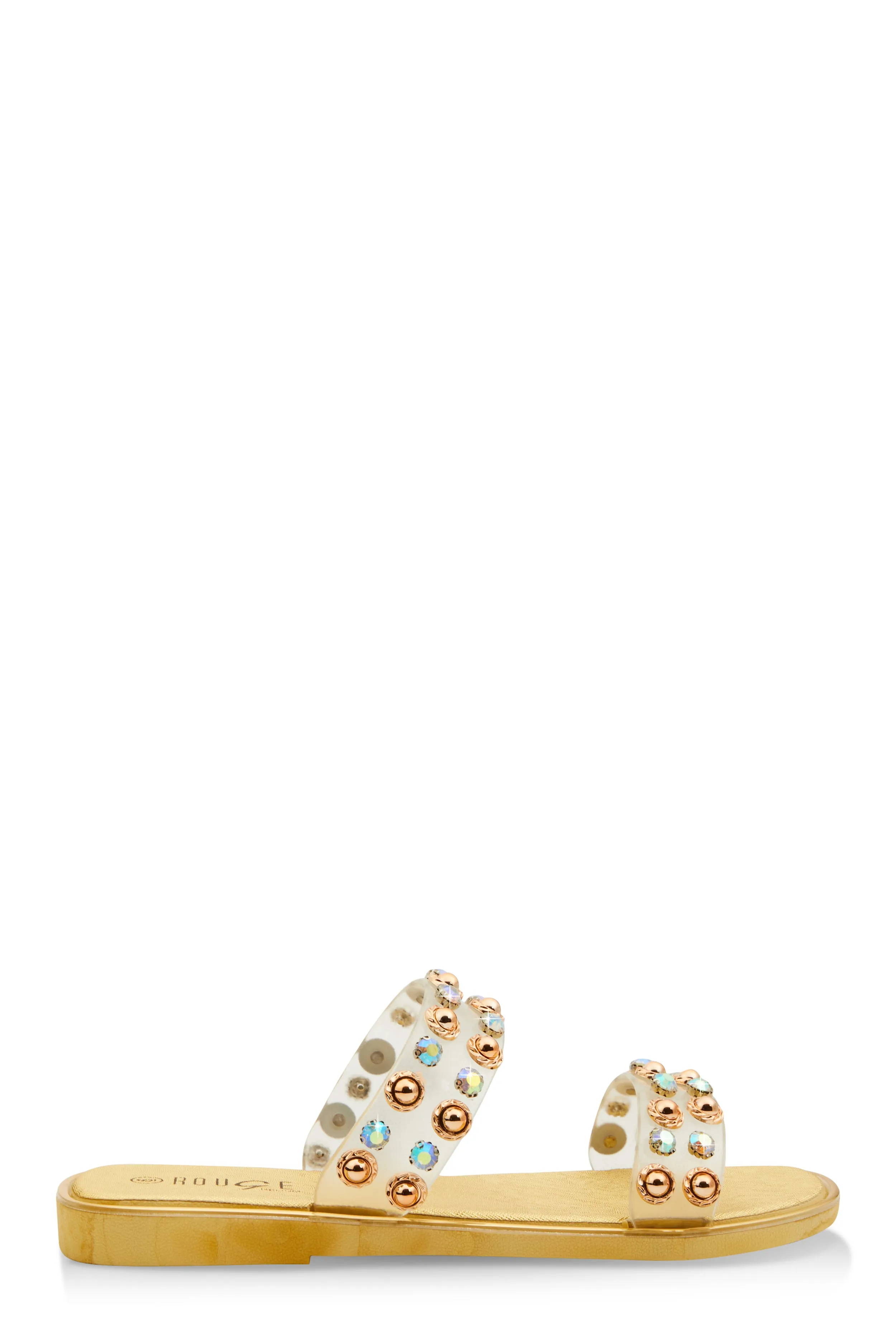Metallic Trim Studded Double Band Slide Sandals