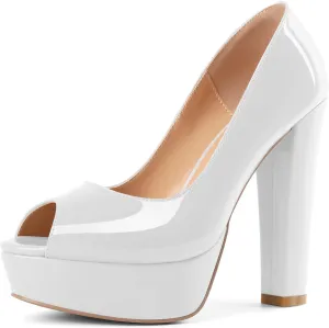 Mettesally Women's Peep Toe Platform Pumps Chunky Heel Slip On Weding Party Evening Dress Shoes