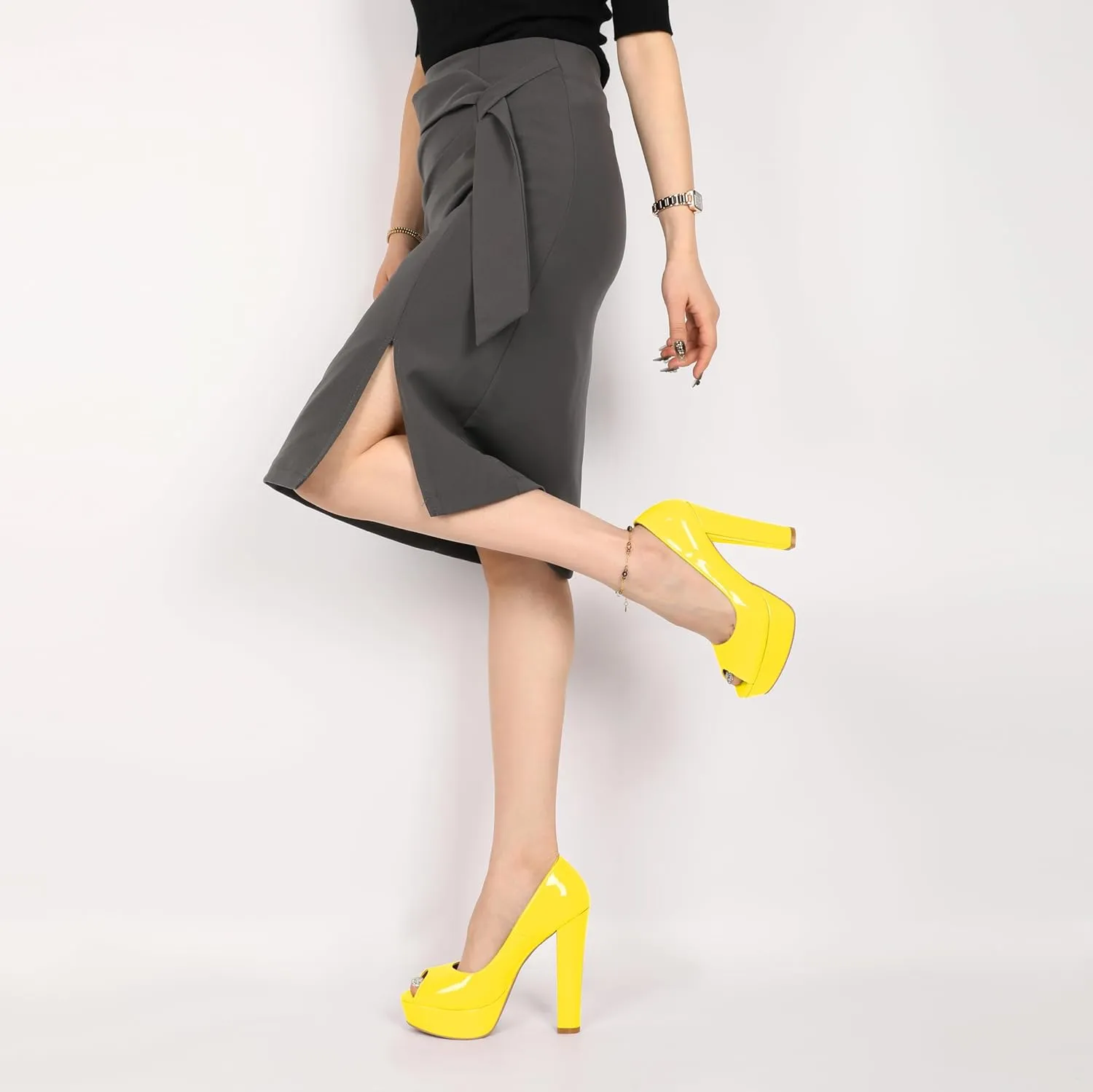 Mettesally Women's Peep Toe Platform Pumps Chunky Heel Slip On Weding Party Evening Dress Shoes
