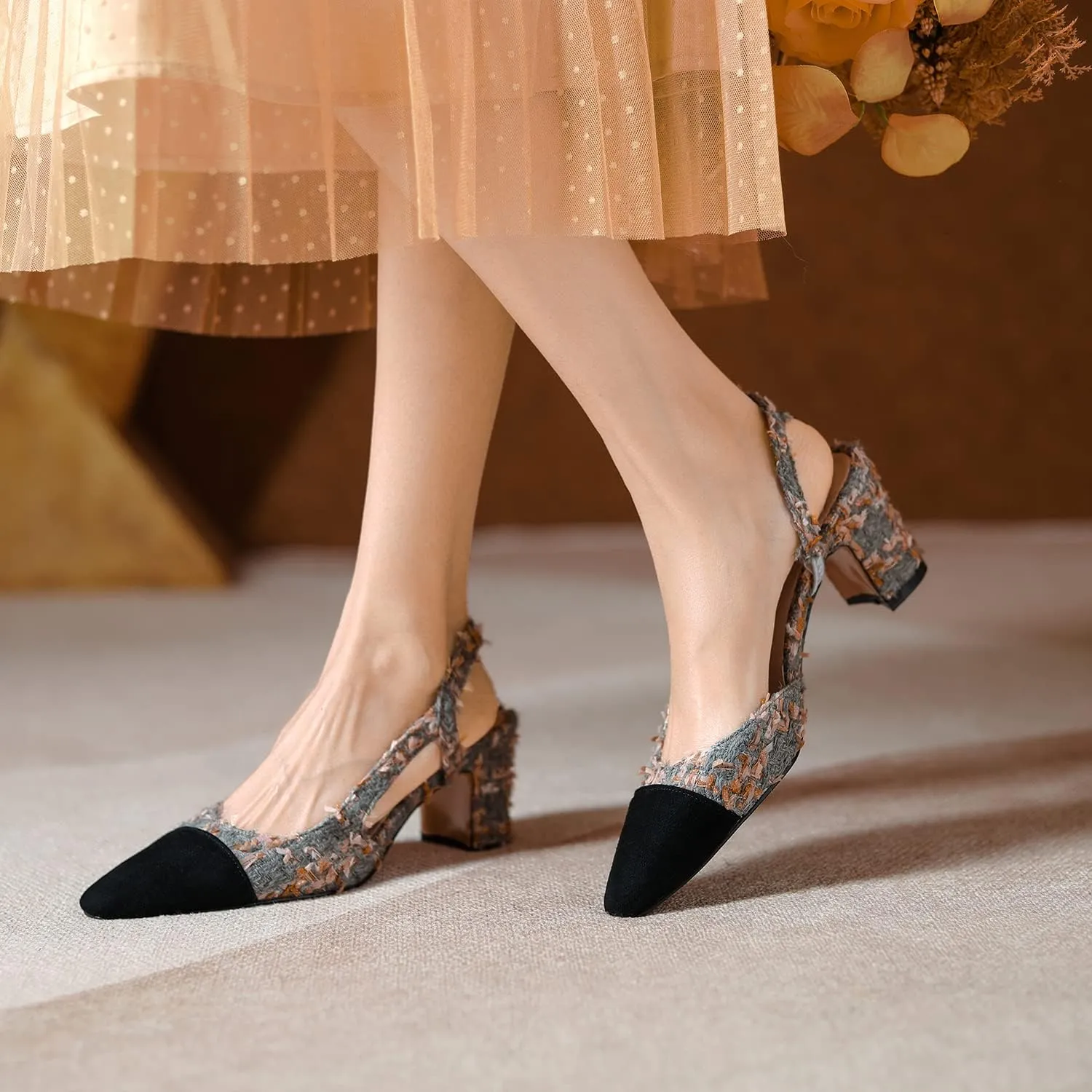 MICIFA Slingback Heels for Women，Round Toe Chunky Heeled Pumps Ankle Strap Fashion Splicing Dress Shoes