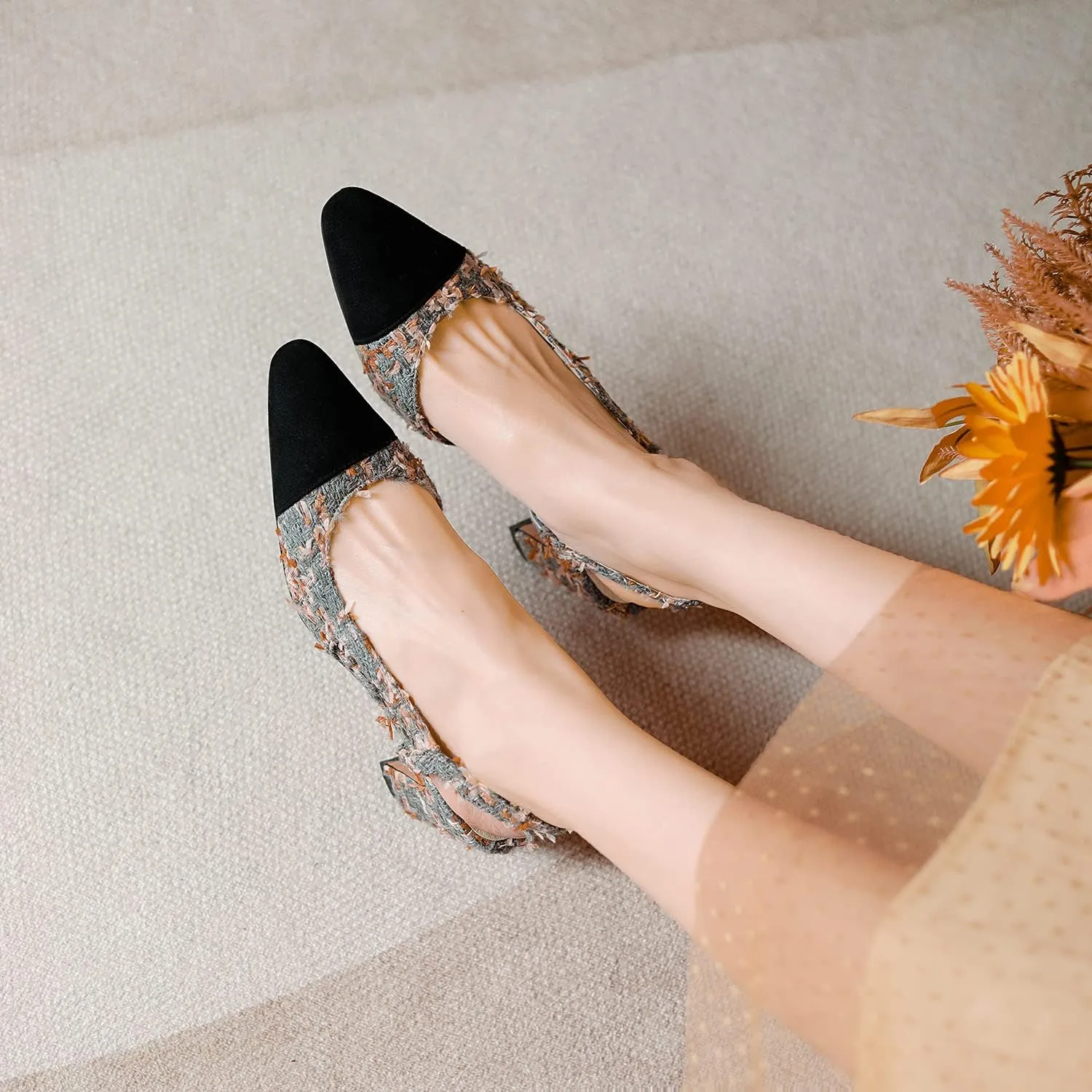 MICIFA Slingback Heels for Women，Round Toe Chunky Heeled Pumps Ankle Strap Fashion Splicing Dress Shoes