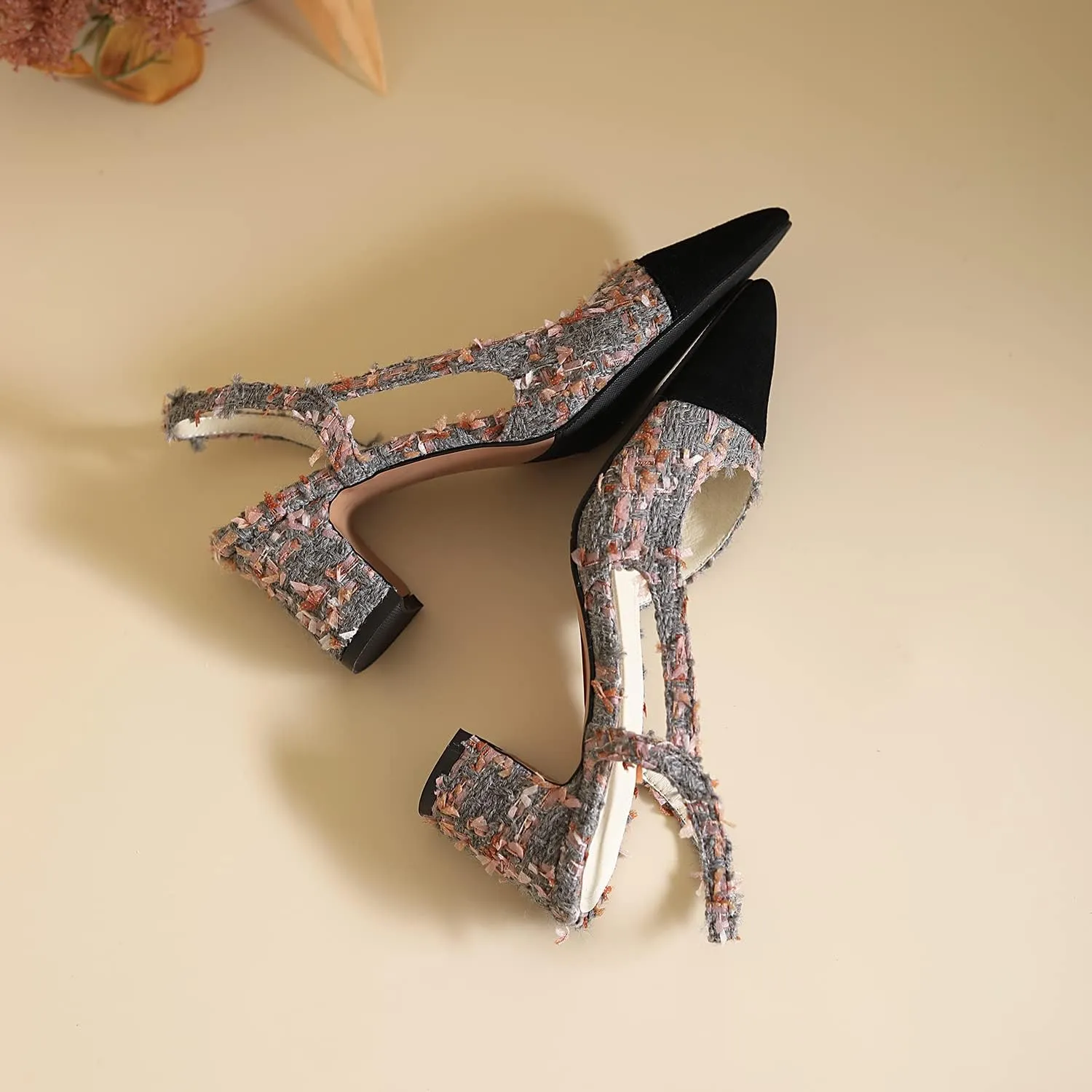 MICIFA Slingback Heels for Women，Round Toe Chunky Heeled Pumps Ankle Strap Fashion Splicing Dress Shoes
