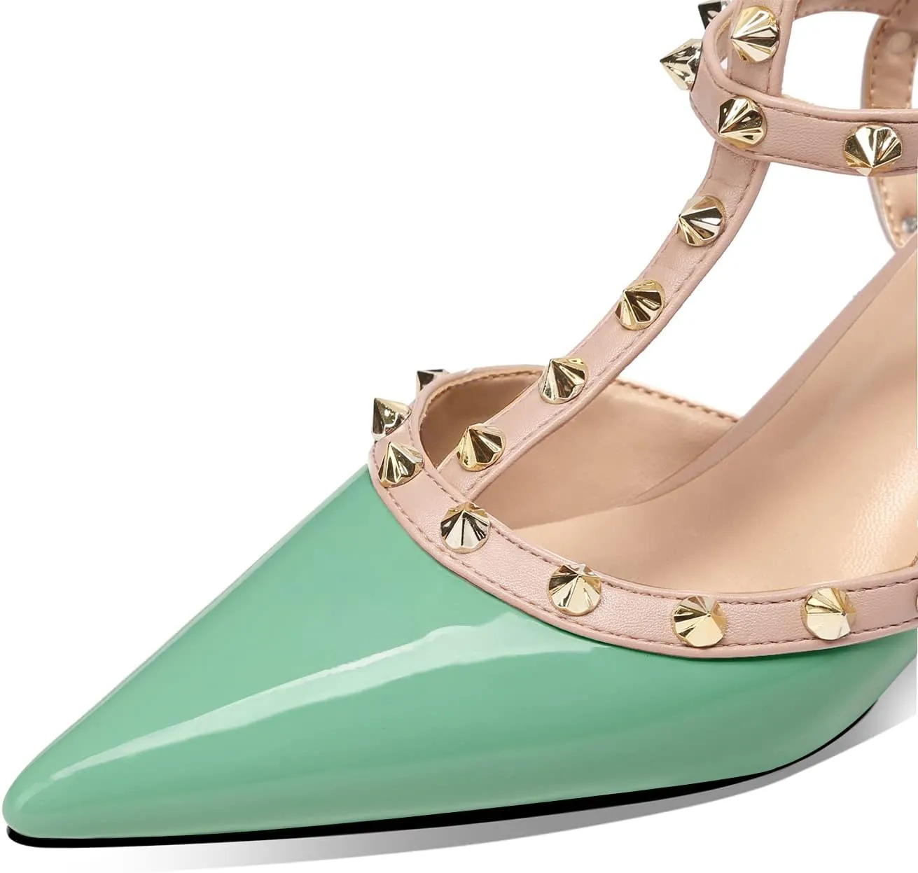 MIRAAZZURRA Women Heeled Sandals Rivet Studded T-Strap Wedding Shoes Stiletto High Heels Pointed Toe Slip On Bridal Pumps for Women