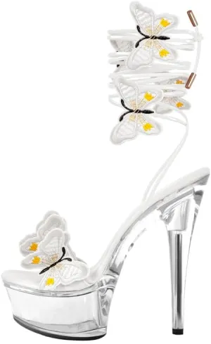 MissHeel Butterfly Heels Clear Platform Lace Up High Heel Sandals