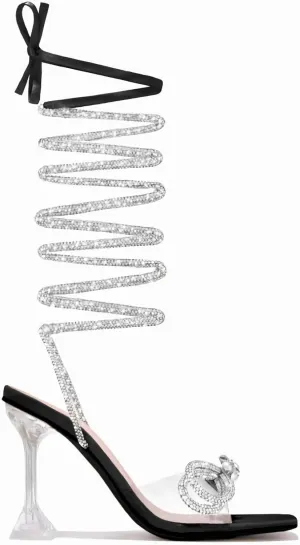 MissHeel Clear Chunky Heel Open Toe Bow Heel Rhinestone Lace Up