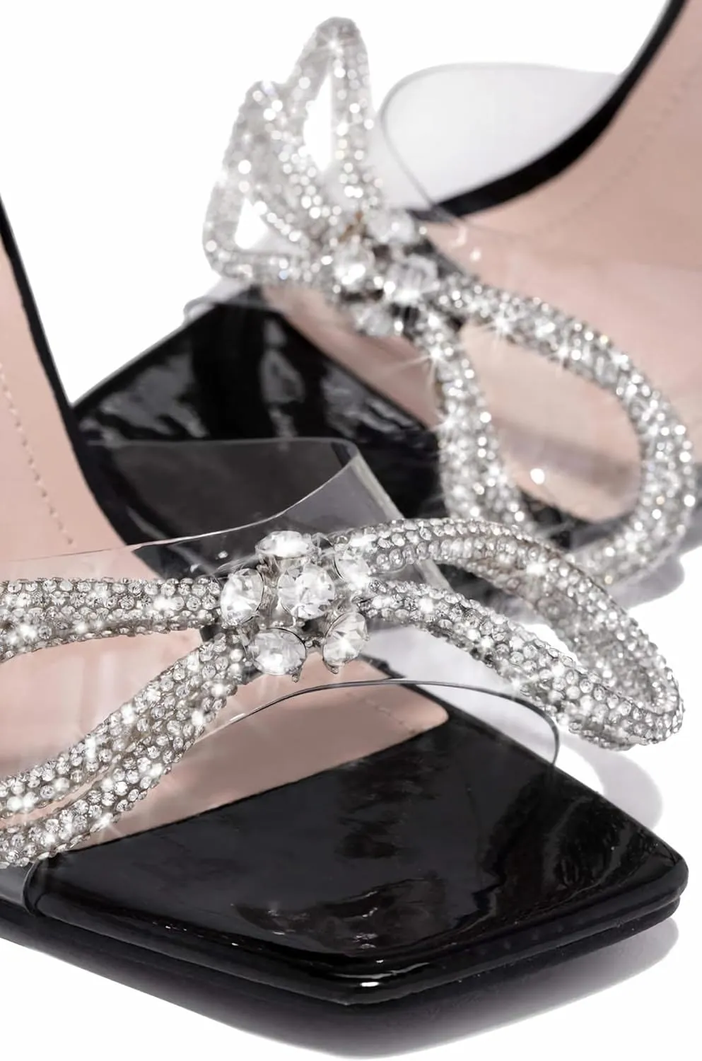 MissHeel Clear Chunky Heel Open Toe Bow Heel Rhinestone Lace Up