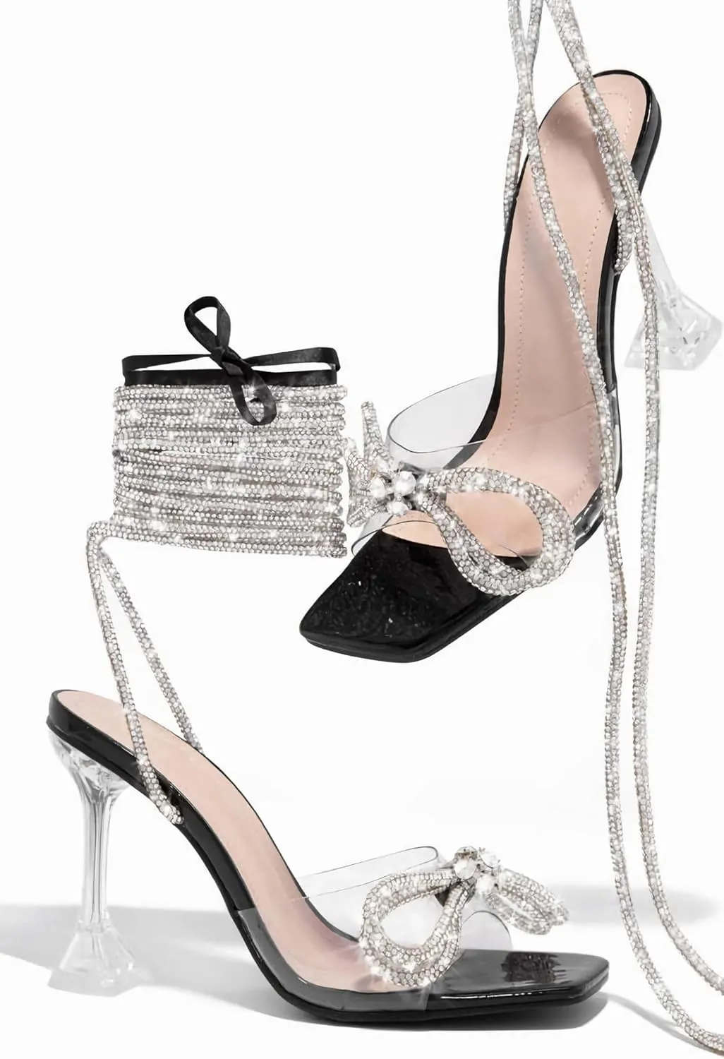 MissHeel Clear Chunky Heel Open Toe Bow Heel Rhinestone Lace Up