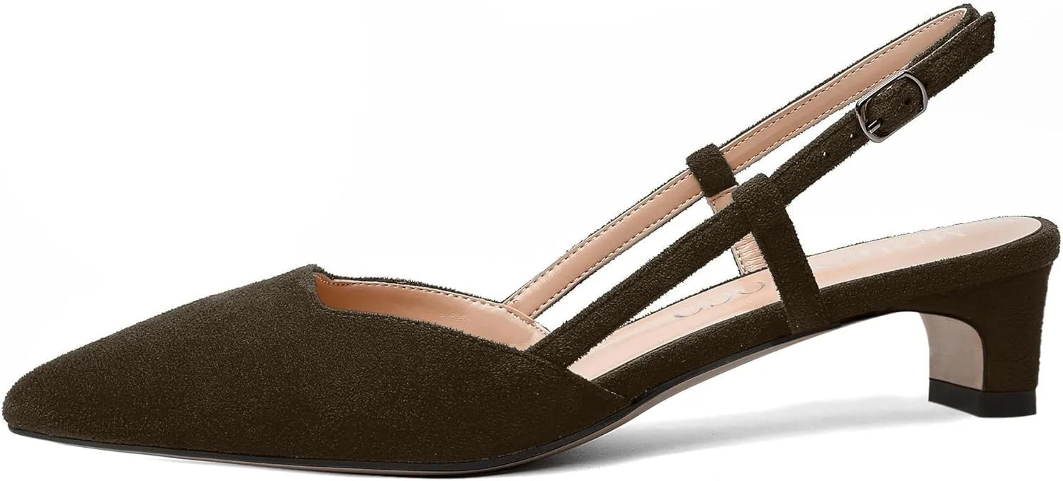 MODENCOCO Womens Buckle Dress Dating Fashion Suede Slingback Pointed Toe Chunky Low Heel Pumps Shoes 1.5 Inch