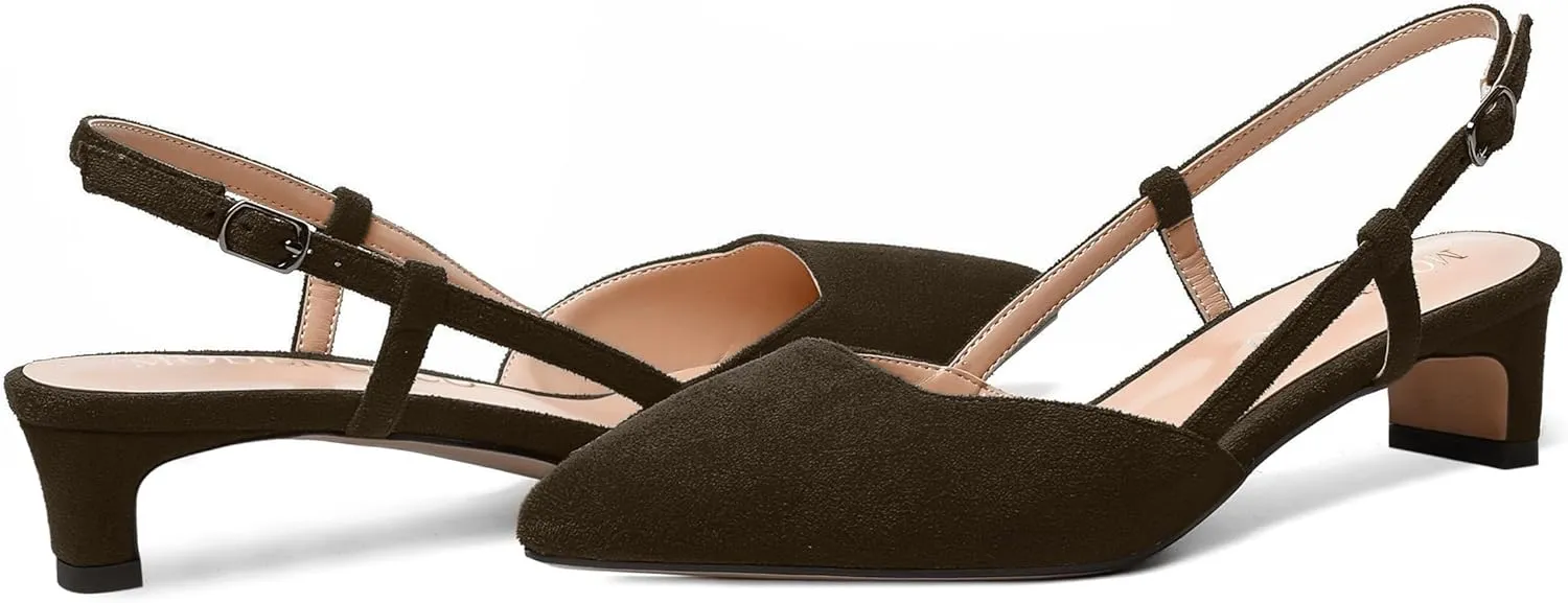 MODENCOCO Womens Buckle Dress Dating Fashion Suede Slingback Pointed Toe Chunky Low Heel Pumps Shoes 1.5 Inch