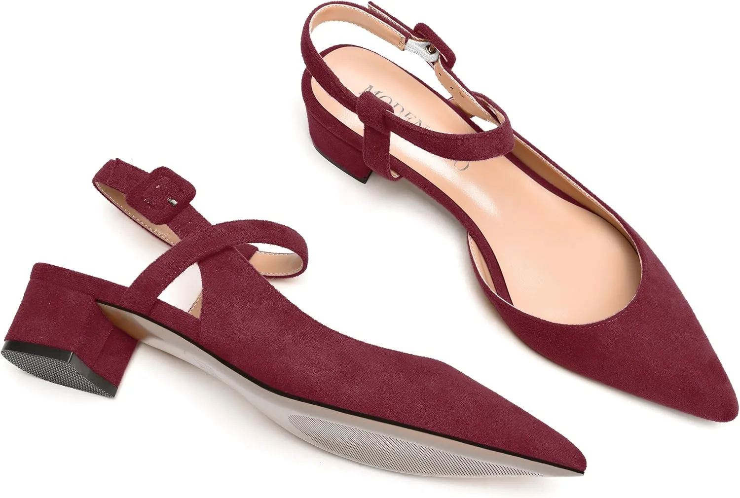 MODENCOCO Womens Comfortable Wedding Suede Pointed Toe Dress Ankle Strap Buckle Chunky Low Heel Pumps Shoes 1.5 Inch