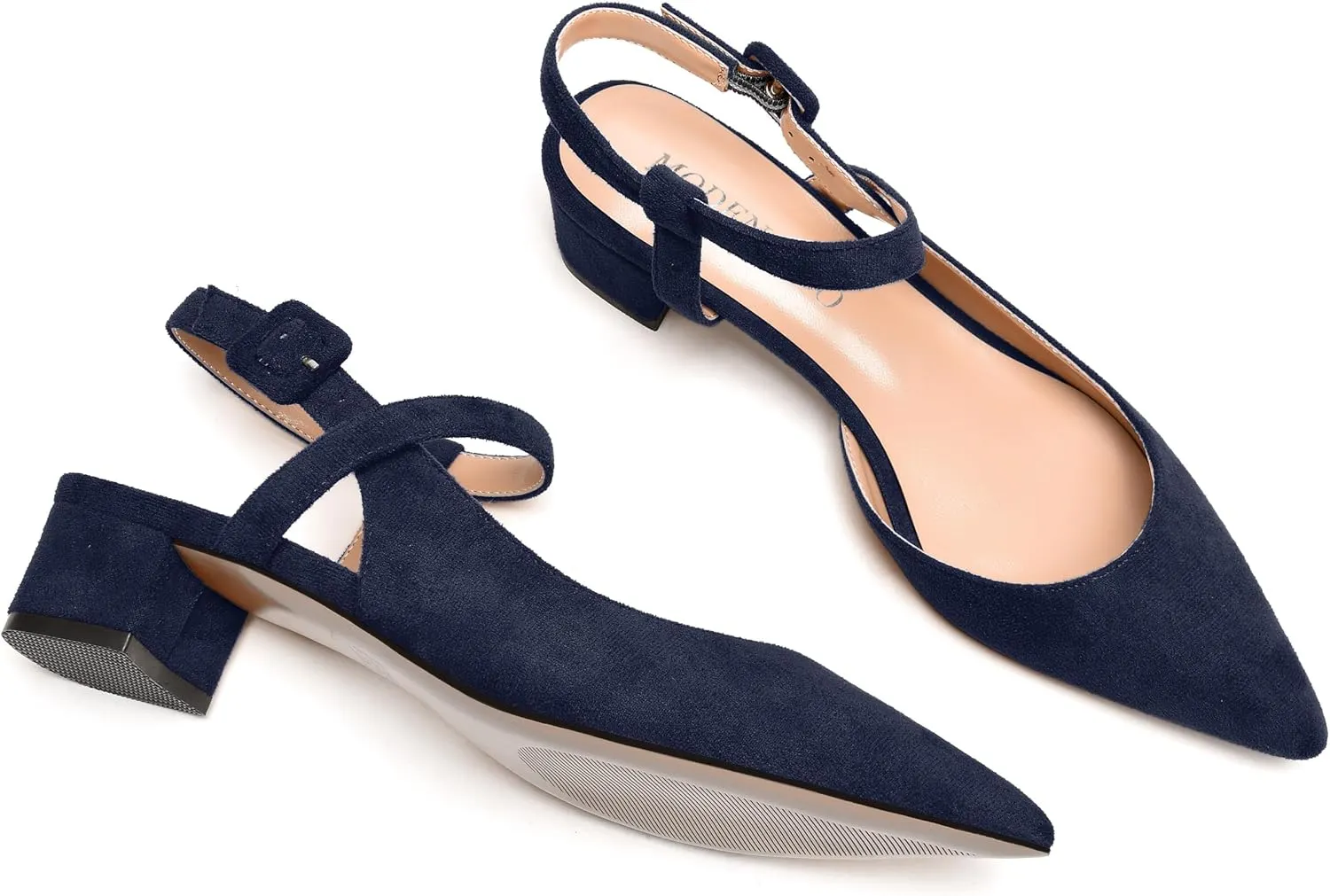 MODENCOCO Womens Comfortable Wedding Suede Pointed Toe Dress Ankle Strap Buckle Chunky Low Heel Pumps Shoes 1.5 Inch