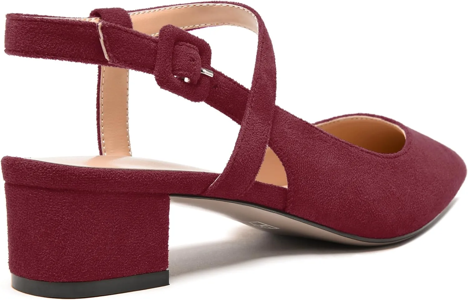 MODENCOCO Womens Comfortable Wedding Suede Pointed Toe Dress Ankle Strap Buckle Chunky Low Heel Pumps Shoes 1.5 Inch