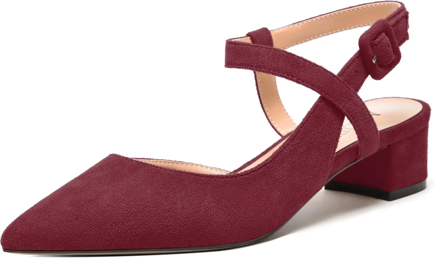 MODENCOCO Womens Comfortable Wedding Suede Pointed Toe Dress Ankle Strap Buckle Chunky Low Heel Pumps Shoes 1.5 Inch