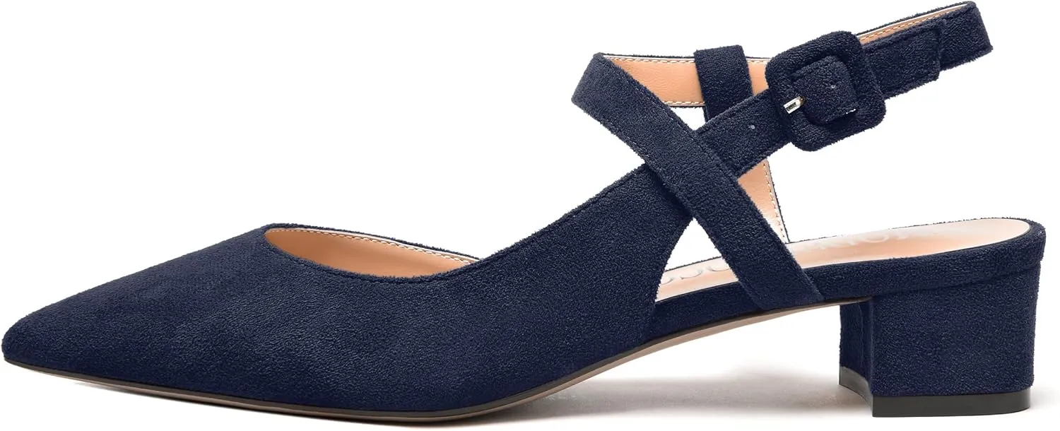 MODENCOCO Womens Comfortable Wedding Suede Pointed Toe Dress Ankle Strap Buckle Chunky Low Heel Pumps Shoes 1.5 Inch