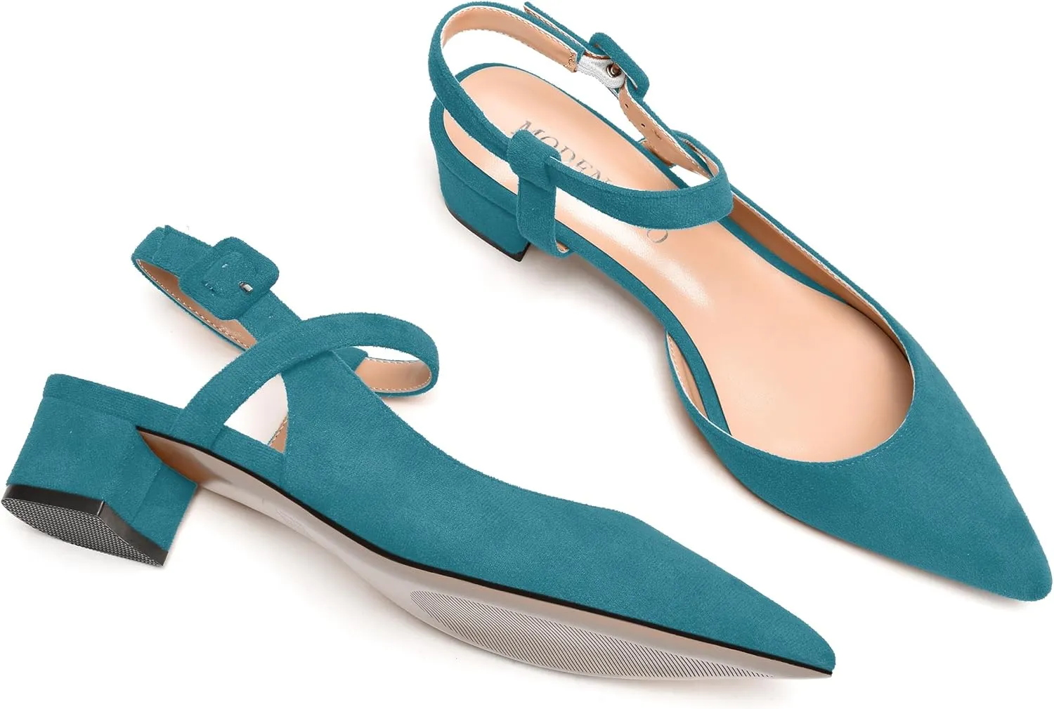 MODENCOCO Womens Comfortable Wedding Suede Pointed Toe Dress Ankle Strap Buckle Chunky Low Heel Pumps Shoes 1.5 Inch