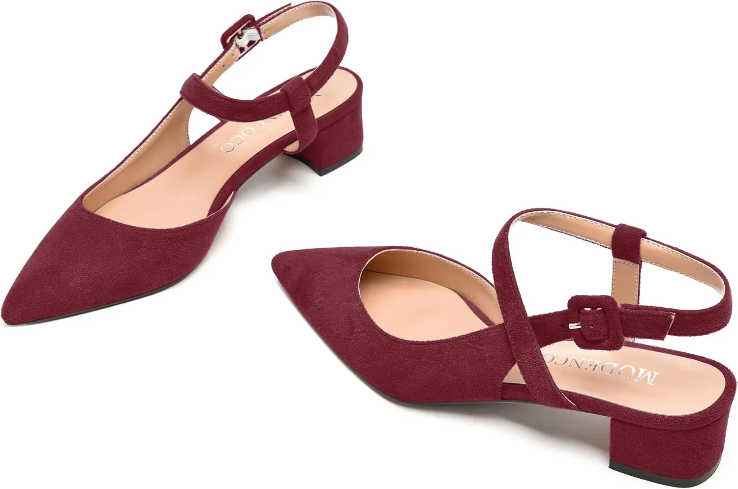 MODENCOCO Womens Comfortable Wedding Suede Pointed Toe Dress Ankle Strap Buckle Chunky Low Heel Pumps Shoes 1.5 Inch