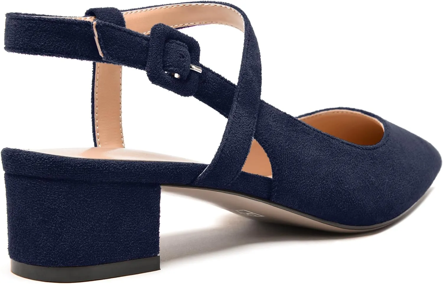 MODENCOCO Womens Comfortable Wedding Suede Pointed Toe Dress Ankle Strap Buckle Chunky Low Heel Pumps Shoes 1.5 Inch
