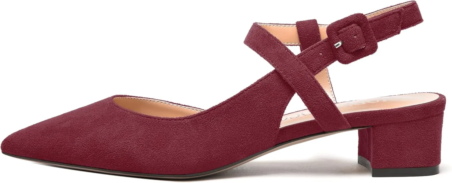 MODENCOCO Womens Comfortable Wedding Suede Pointed Toe Dress Ankle Strap Buckle Chunky Low Heel Pumps Shoes 1.5 Inch