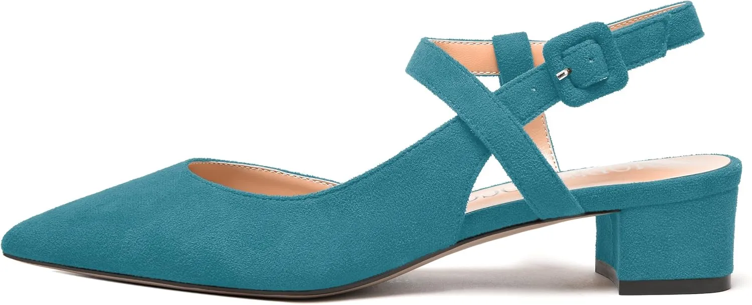 MODENCOCO Womens Comfortable Wedding Suede Pointed Toe Dress Ankle Strap Buckle Chunky Low Heel Pumps Shoes 1.5 Inch