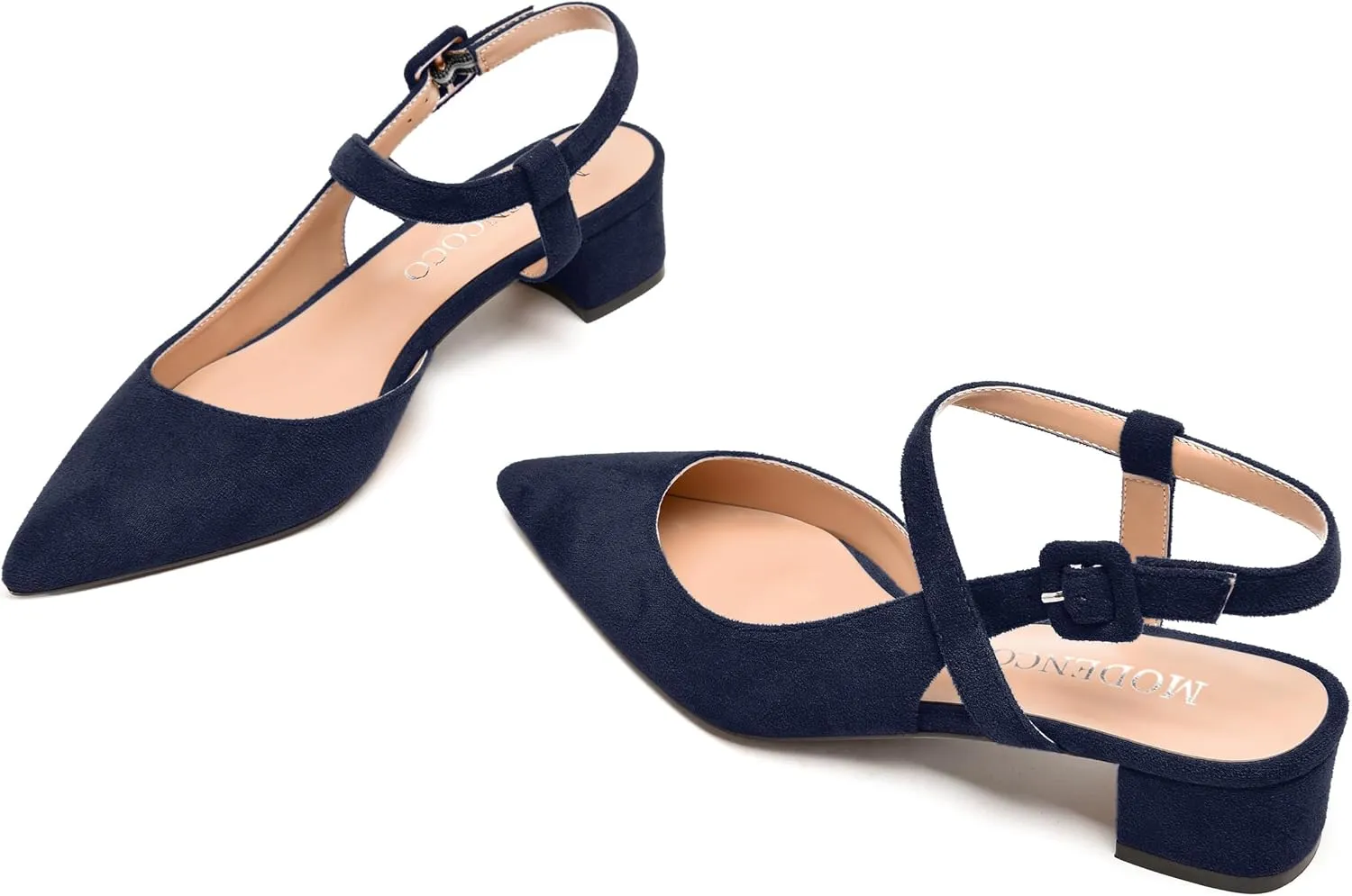 MODENCOCO Womens Comfortable Wedding Suede Pointed Toe Dress Ankle Strap Buckle Chunky Low Heel Pumps Shoes 1.5 Inch