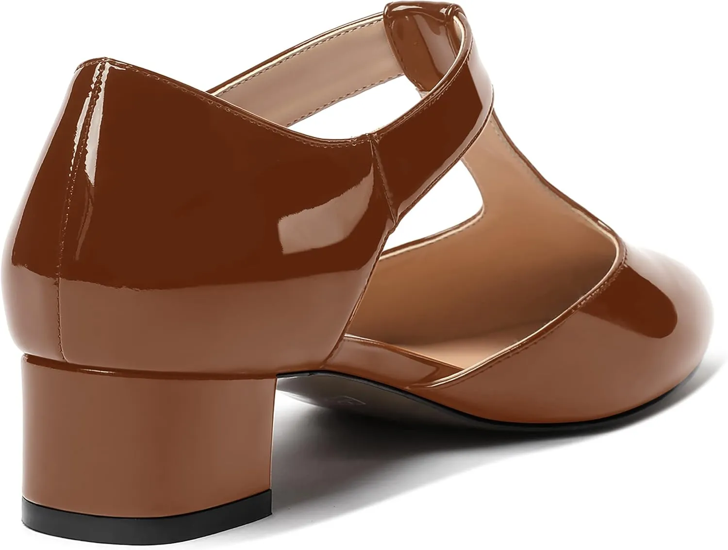 MODENCOCO Women's Round Toe Patent Buckle Dating Fashion T Strap Chunky Low Heel Pumps Dress Shoes 1.5 Inch