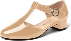 MODENCOCO Women's Round Toe Patent Buckle Dating Fashion T Strap Chunky Low Heel Pumps Dress Shoes 1.5 Inch